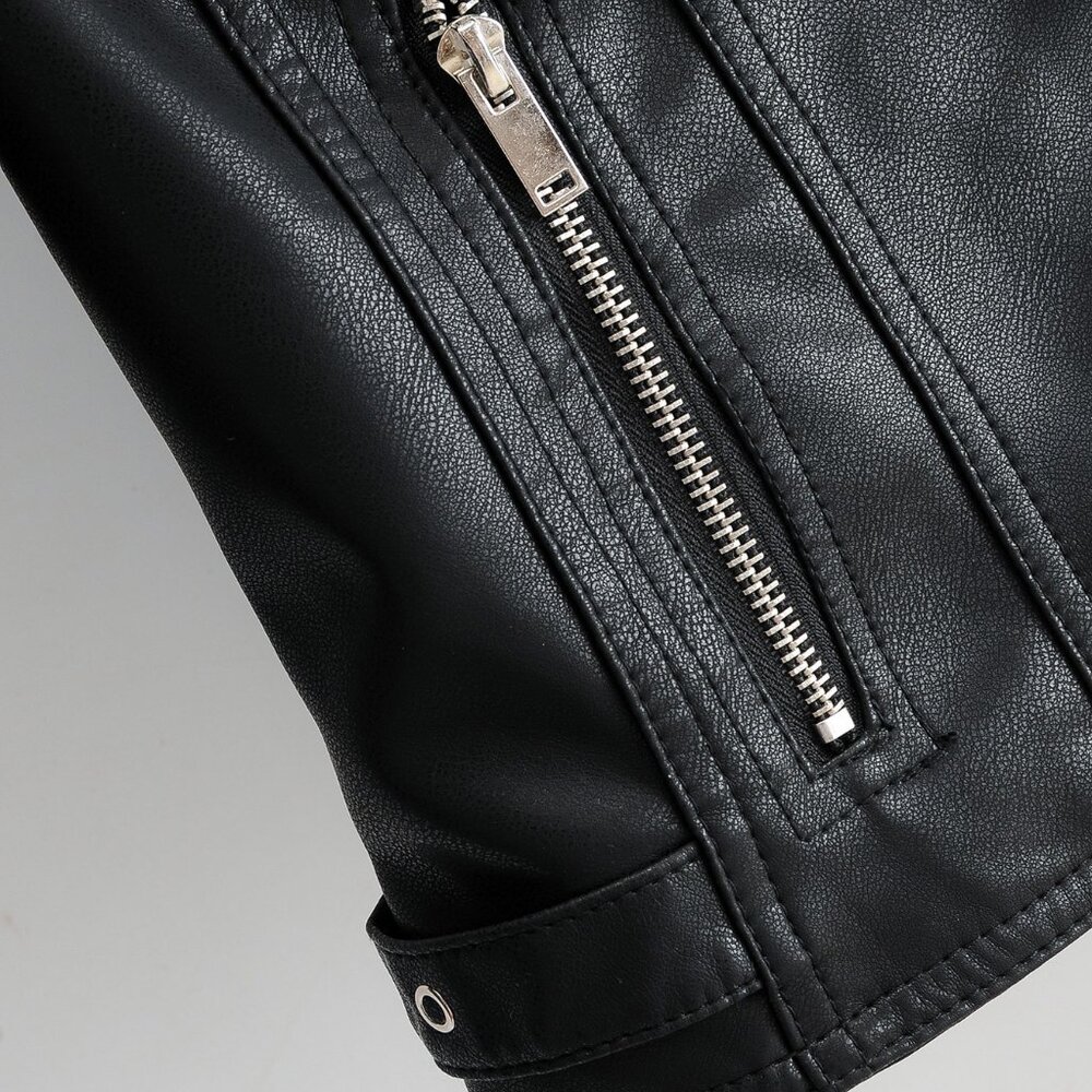 Black Casual Women's Zip Up Faux Leather Moto Jacket BIker - Picture 8 of 11